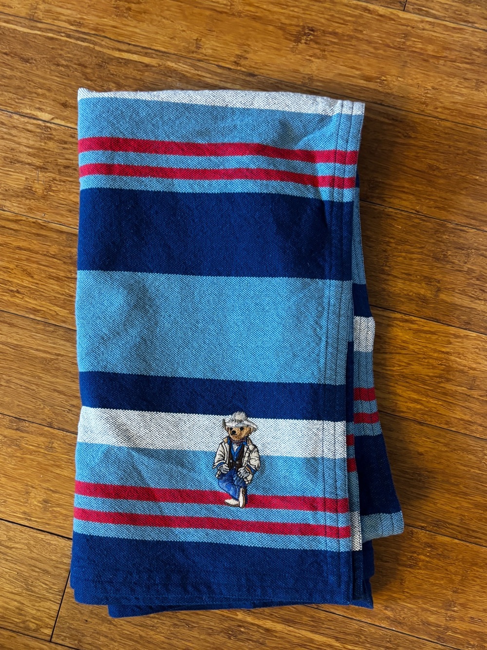 Polo Striped Blue & Red throw blanket with Embroidered Bear